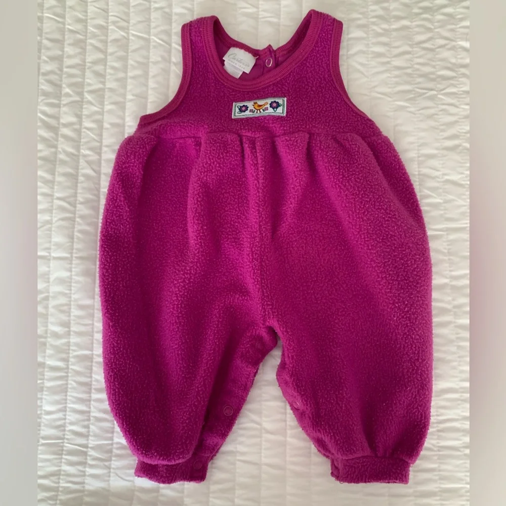 Vintage Carter's Baby Girls 3-6M Pink Floral Fleece Overalls & Shirt Set